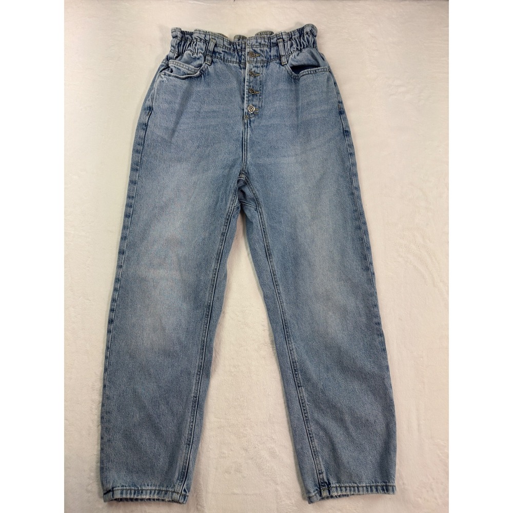 Zara Womens High Waist Paperbag Mom Jeans Light Wash Blue Button Fly Size 8